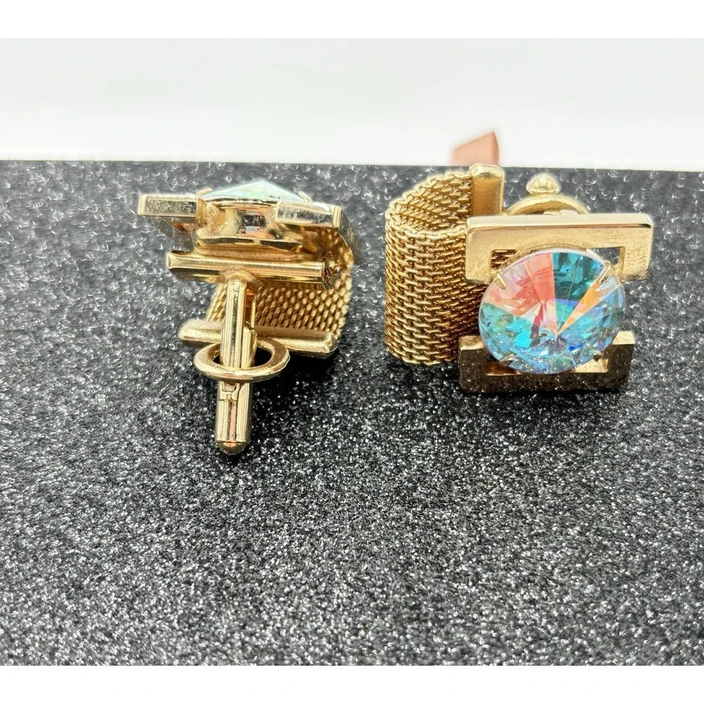 Vintage Cufflinks Tie Tack Set Gold Tone Aurora Borealis Rhinestone Mesh Wrap